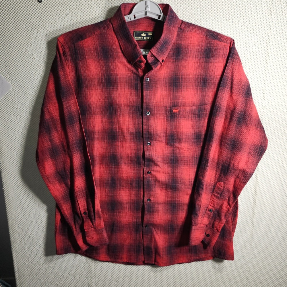French Crown Red Black Buffalo Plaid Button Down Long‎ Sleeve Shirt Men Size 44